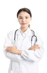 Young Chinese female doctor on white background