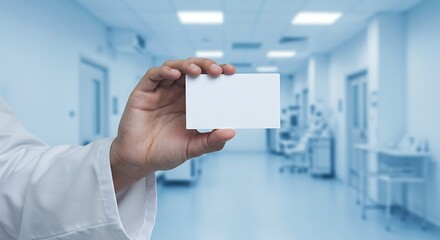 Doctor presenting business card in hospital corridor, health care information