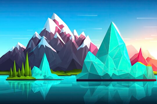 Low-poly mountain landscape with turquoise icebergs