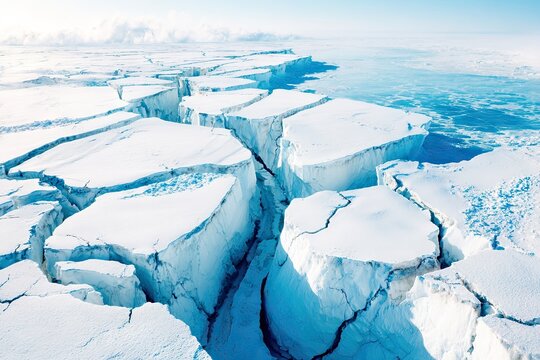 Aerial view of fractured ice formations. Vast expanse of white ice, cracked and fragmented, with deep crevasses. Light blue tones indicate glacial ice and sunlight. A clear, pale sky above