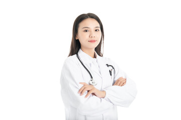 Young Chinese female doctor on white background