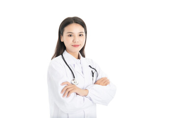 Fototapeta premium Young Chinese female doctor on white background