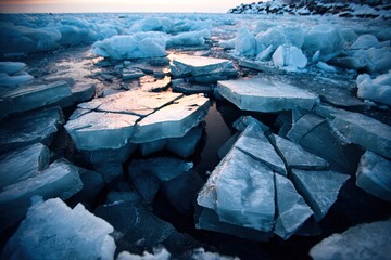 Broken ice floes on a frozen lake. Sunlight reflects on fractured ice, creating a beautiful blue-white scene