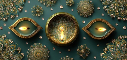 Diwali, Deepavali or Dipavali the festival of lights india with gold diya patterned and crystals on paper color Background. High quality