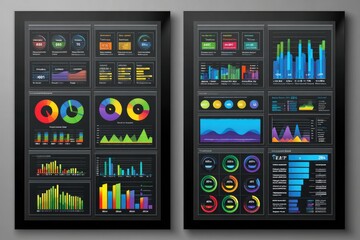 Dual data dashboards, framed, with various charts and graphs, showing performance metrics in vibrant colors on dark backgrounds