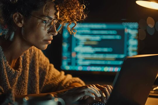 Woman coding software development developer programming engineer working on laptop project