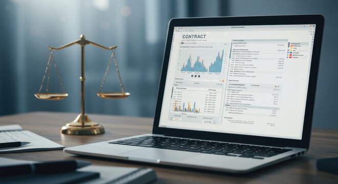 Legal paperwork and justice depiction through scales and contract analytics on laptop, Business contracts analysis with laptop showing financial data alongside justice scales