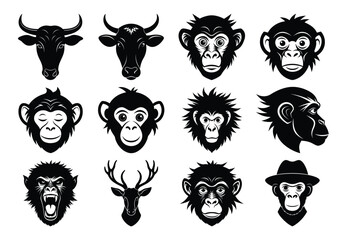 Vector art of a set of vector illustrations featuring cow, bull, and monkey heads, isolated on white background