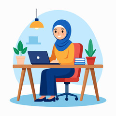 Woman in hijab works at desk with laptop plants