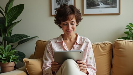 Serene woman with short, curly brown hair relaxing on a sofa, happily engaged with her digital tablet in a comfortable home setting with plants.