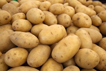 A simple yet abundant scene of numerous light-colored potatoes, typical of a market stall or fresh harvest, filling the frame.