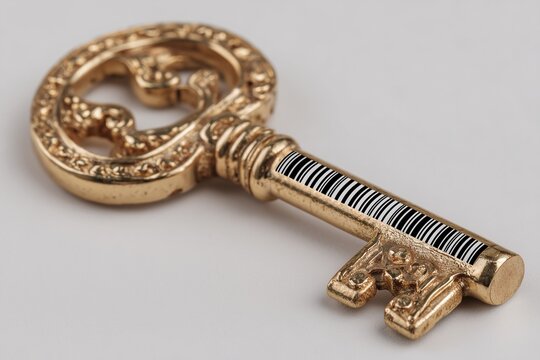 A golden key with a digital barcode on white, representing access and technological solutions