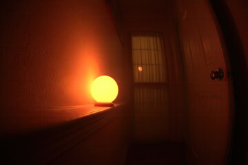 Warm glow orb lamp in a dimly lit hallway