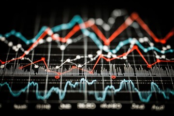 Close-up of multiple fluctuating lines, possibly stock market data, on a dark screen.  Red and teal lines ascend and descend, showing market trends.  Data points are visible