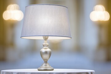 Elegant table lamp, light gray shade, metallic base, blurred background