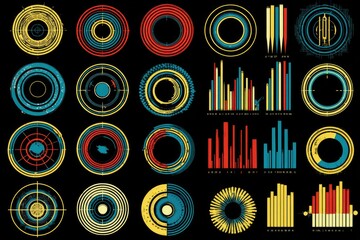 Circular data visualization elements on black background