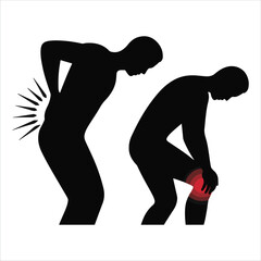Silhouette of a person experiencing back pain and another with knee pain highlighted in red