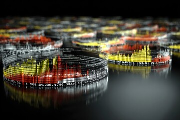 Abstract data visualization.  Circular charts with fluctuating data lines in shades of red, yellow, and gray, layered on a dark background.  Reflections suggest a smooth, dark surface below