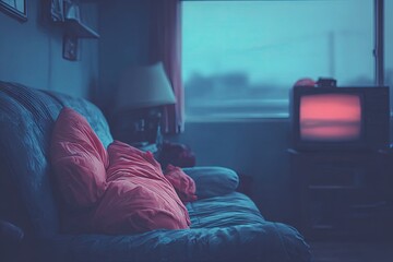 Dimly lit living room, faded colors, TV, couch