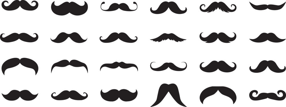 Extensive collection of diverse mustache styles in black silhouette, offering a variety of facial hair designs for barbershops, vintage themes, and Movember campaigns, perfect for costume elements.
