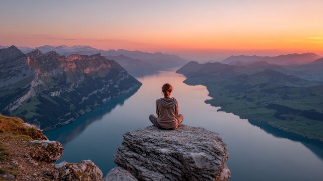 Woman meditates in yoga pose on mountain peak overlooking serene lake at sunrise, enjoying scenic views and peaceful solitude. - Powered by Adobe