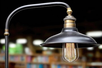 Black metal floor lamp with Edison bulb, blurred bookshelf background