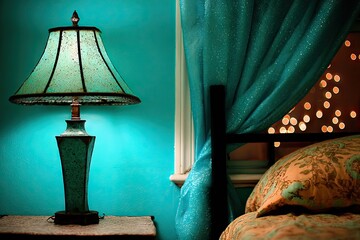 Turquoise bedroom corner with lamp