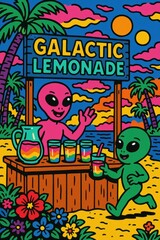 Colorful alien beach party: galactic lemonade stand at sunset