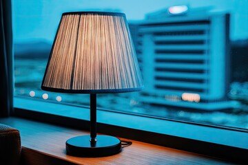 Table lamp by a window, city view