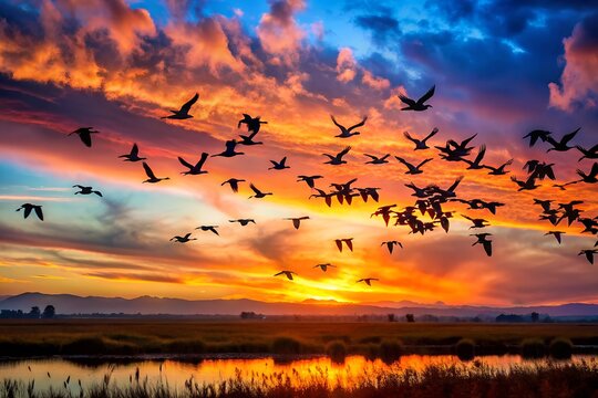 Cinematic silhouette of a flock of birds flying over grass during vibrant sunset sky with dramatic orange, purple and blue tones - Powered by Adobe