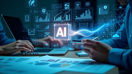 Two people interact with AI and data visualizations in a futuristic digital work setting.