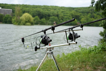 Fishing Rods with Bite Alarms and Reels – Carp Fishing Setup on Stand