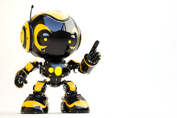 A playful robot character with a shiny black and yellow design pointing upwards against a white background