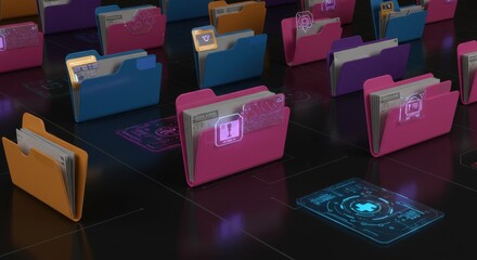 Colorful Folders with Data Visualization on a Futuristic Grid, Data Organization and Holographic Interface in Modern Office Setting