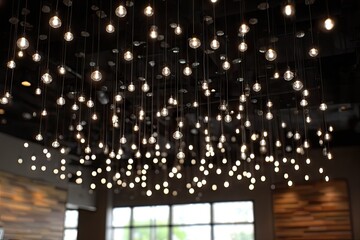 Ceiling lights in a room.  Many small bulbs hang