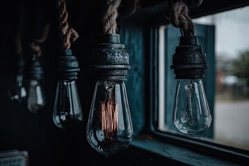 Close-up of vintage Edison bulbs hanging from rustic rope