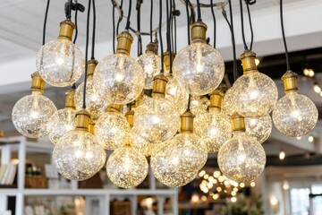 A cluster of round, glass light bulbs, hanging from black wires