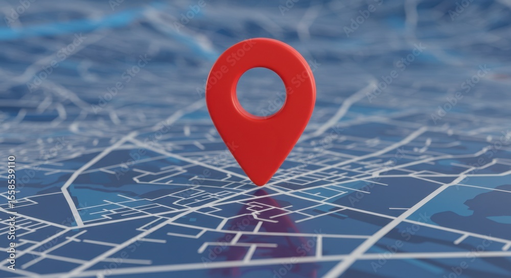 Fototapete a vibrant red map pin on a blue and white abstract city map, signifying location and navigation,mode