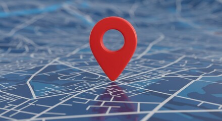 A vibrant red map pin on a blue and white abstract city map, signifying location and navigation,Modern rendering of location pin over a stylized map, depicting urban exploration