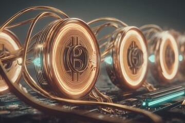 Golden Bitcoin orbs, glowing with inner light, connected by intricate wires, sit atop a circuit board
