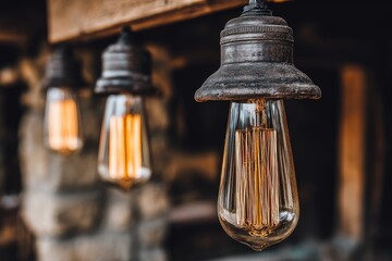 Close-up of three vintage Edison-style light bulbs hanging from rustic wooden beams.  Warm, golden light