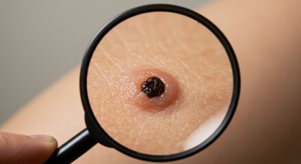 Close-up Melanoma Check: Magnifying Glass Revealing Skin Cancer Details, Enhanced Mole Examination: Detecting Skin Cancer Signs with a Magnifying Tool