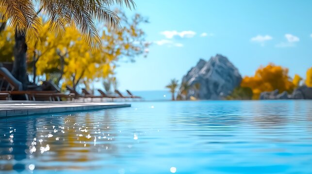 Serene poolside view with palm trees and rocky landscape under a clear blue sky