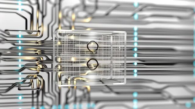 Futuristic AI computer chip plugged into a digital circuit, pulsing blue light, symbolising innovation, science, research, and advanced technology development