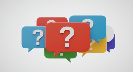 Colorful Question Mark Speech Bubbles on White Background, Stacked Speech Bubbles with Question Marks Symbolizing Queries