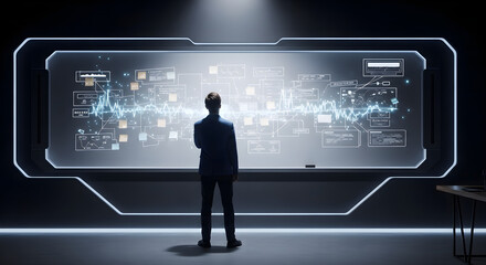 Data Analyst Examining Complex Information on a Large Interactive Display