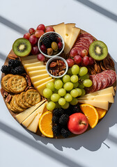 Top-down view of a vibrant charcuterie board with sliced cheeses, kiwi, grapes, orange slices, pears, blackberries, pecans, crackers, and cured meats arranged in a radial composition.