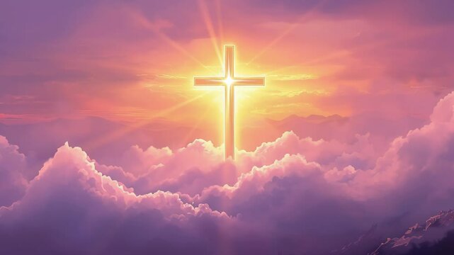 Christian cross glowing with God’s glory, set against a warm sunrise with golden light and soft pink clouds, symbolising Jesus’ love and the beauty of God’s perfect creation