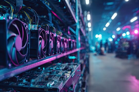 Rows of computer hardware, likely GPUs, in a data center, lit with vibrant, cool tones - Powered by Adobe