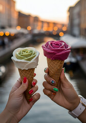 A close-up lifestyle photo of two floral gelato cones, held by women with colorful nails, captured at sunset along a European canal. The ice cream is shaped like roses in shades of vanilla, raspberry.